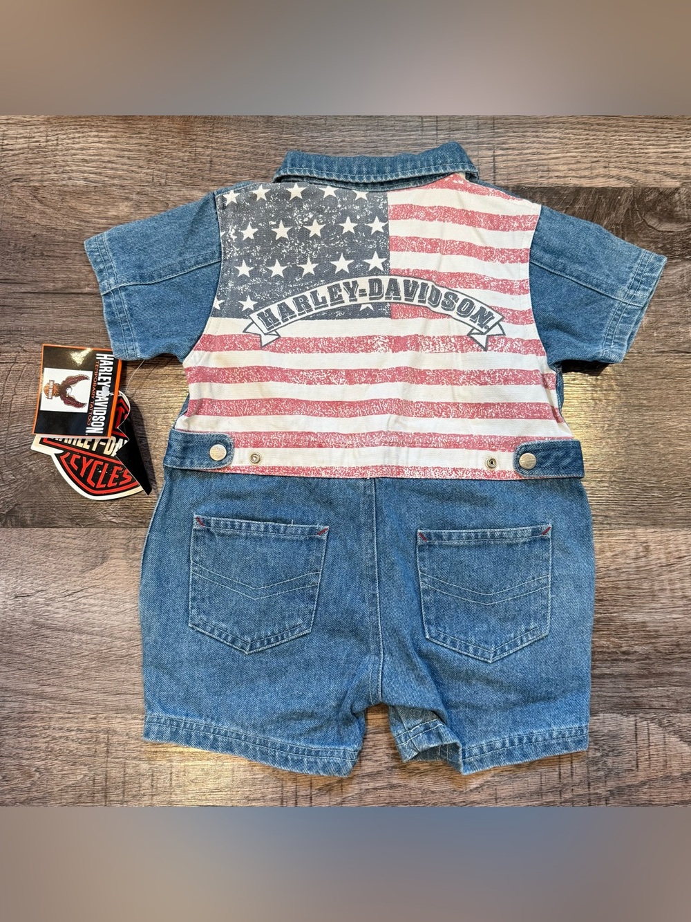 NWT Harley Davidson Dead Stock Vintage Toddler Denim Romper American Flag 2T